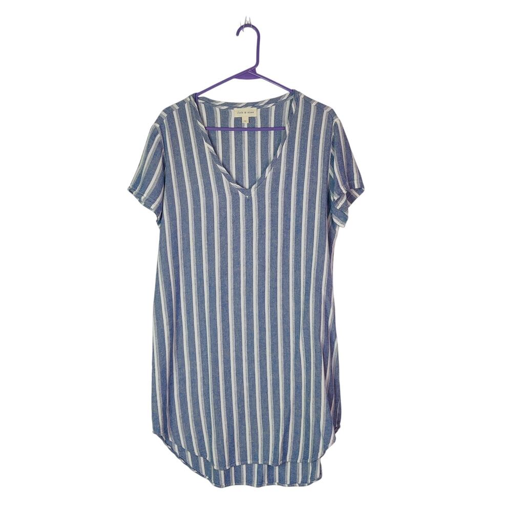 Cloth & Stone Linen Blue Coastal Stripe Breezy Lagenlook Shift Dress Medium